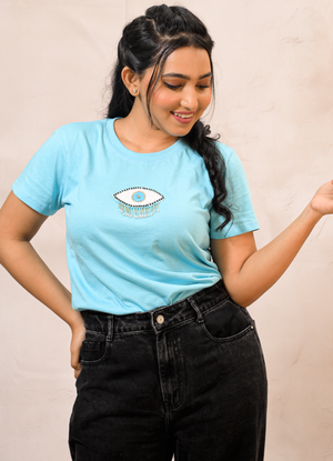 Women’s Sky Blue Cotton T-Shirt with Evil Eye Embroidery Patch