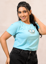 Load image into Gallery viewer, Women’s Sky Blue Cotton T-Shirt with Evil Eye Embroidery Patch
