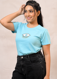 Women’s Sky Blue Cotton T-Shirt with Evil Eye Embroidery Patch
