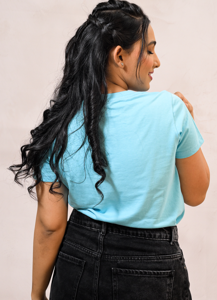 Women’s Sky Blue Cotton T-Shirt with Evil Eye Embroidery Patch
