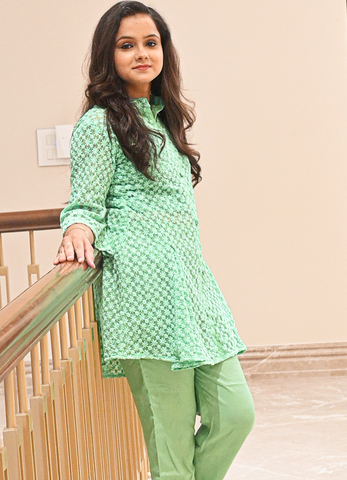 Green Embroidered Plated Co ord Set
