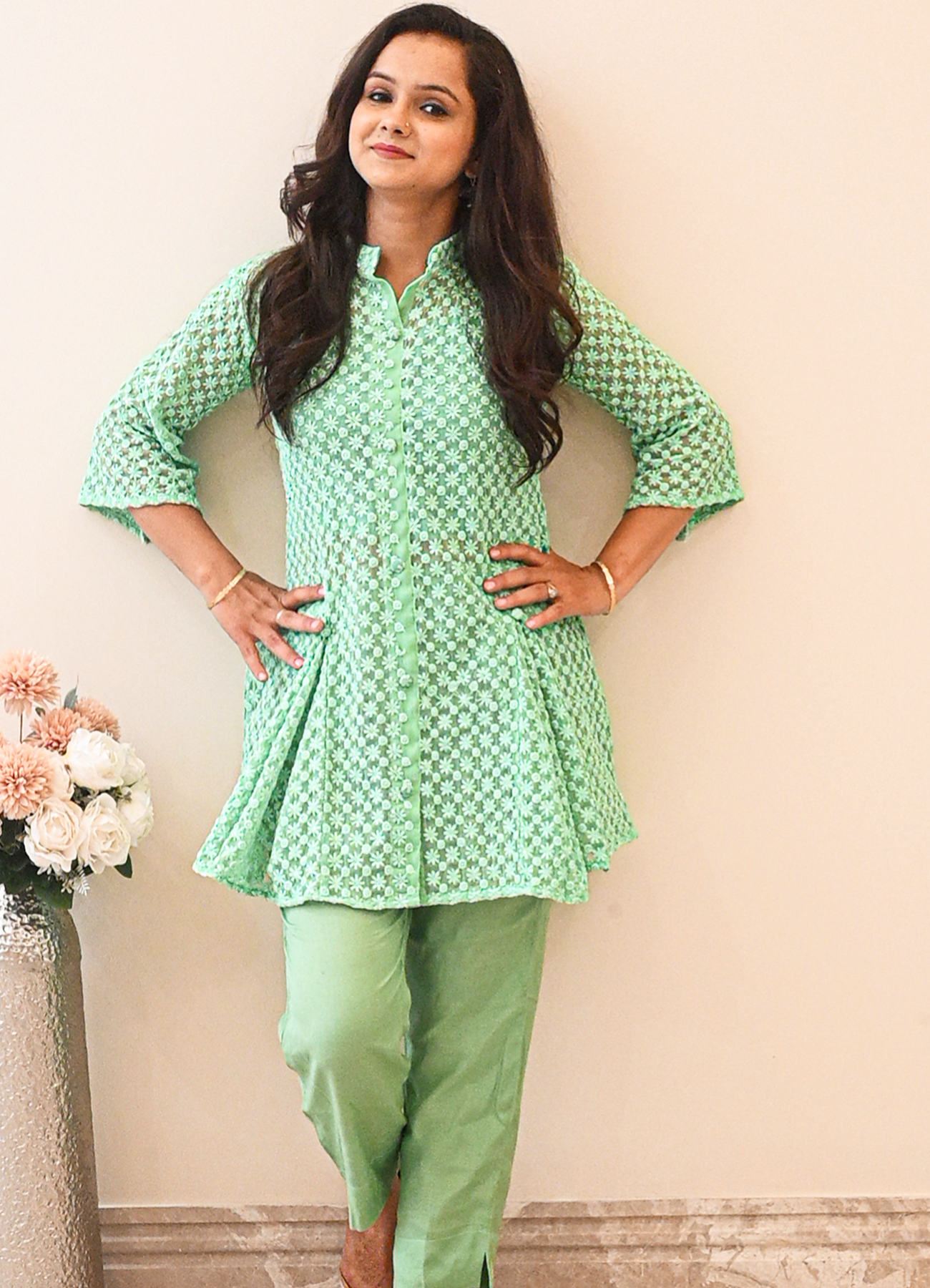 Green Embroidered Plated Co ord Set