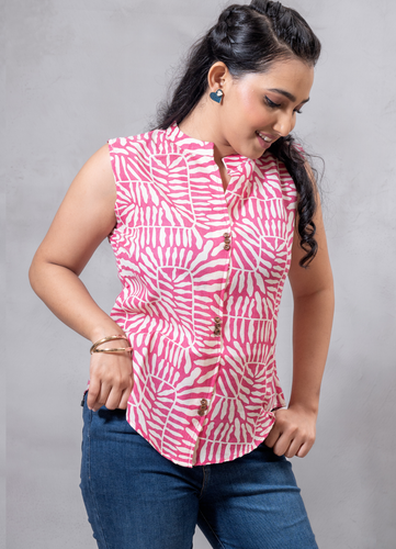 Women’s Sleeveless Pink Abstract Print Cotton Button-Down Top