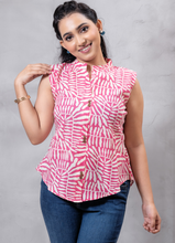 Load image into Gallery viewer, Women’s Sleeveless Pink Abstract Print Cotton Button-Down Top