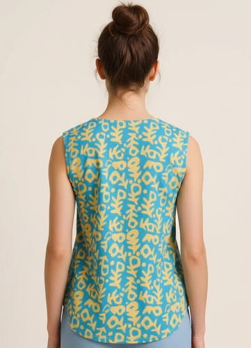 Blue & Yellow Abstract Print Sleeveless Top