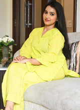 Load image into Gallery viewer, Pure Cotton Chikankari Top &amp; Rayon Bottom Set – Lemon Yellow | 2-Piece Summer Co-ord