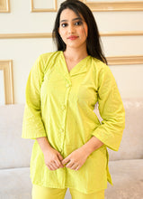 Load image into Gallery viewer, Pure Cotton Chikankari Top &amp; Rayon Bottom Set – Lemon Yellow | 2-Piece Summer Co-ord