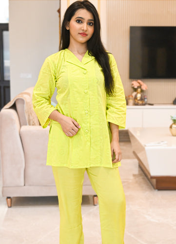 Pure Cotton Chikankari Top & Rayon Bottom Set – Lemon Yellow | 2-Piece Summer Co-ord