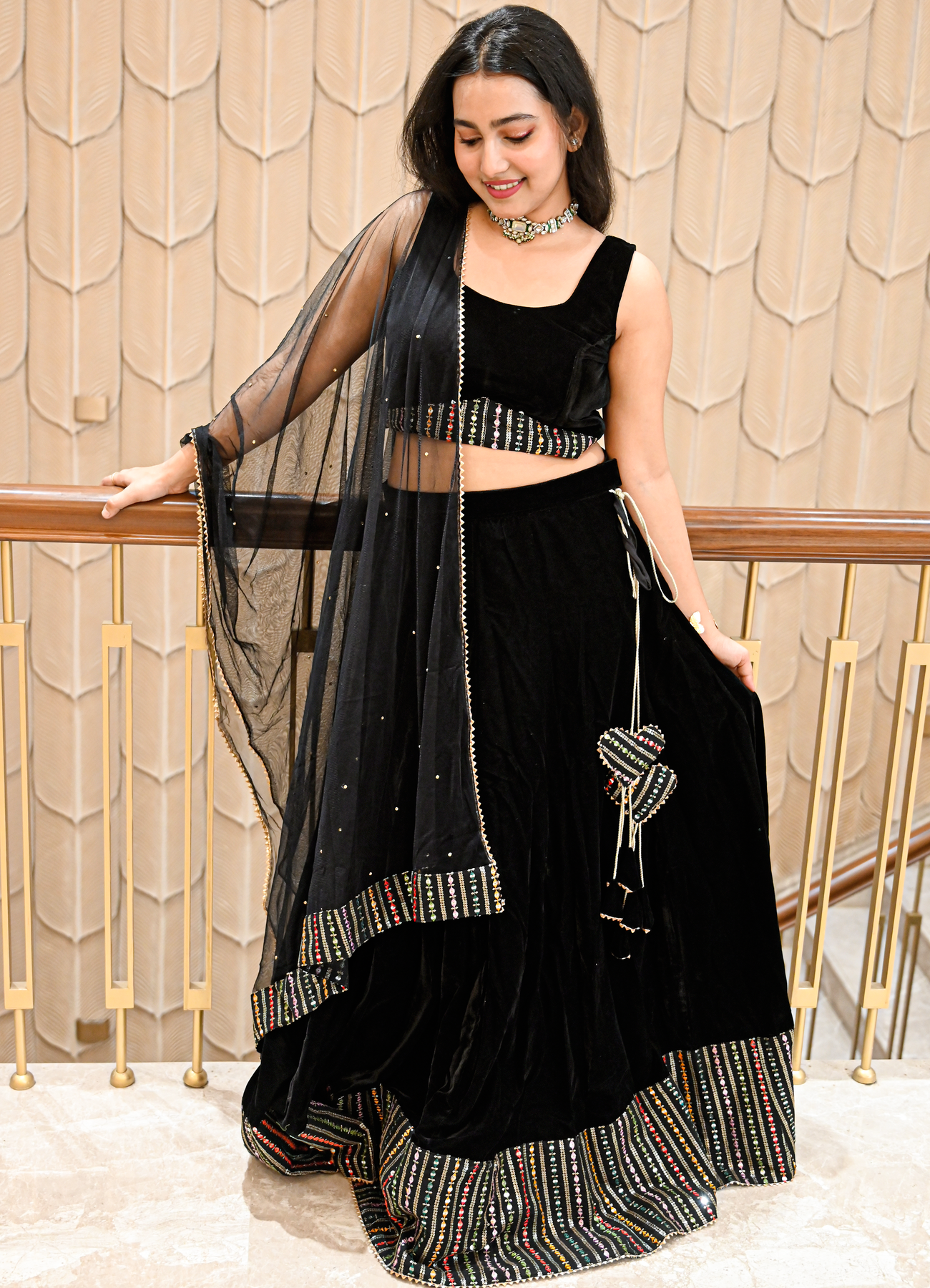 Black Velvet Semi-Stitched Lehenga Set with Net Dupatta