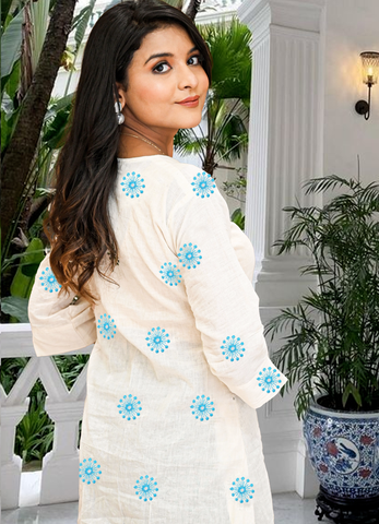 Off-White Pure Cotton Top with sky  Blue Thread Embroidery