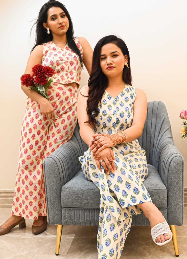 Ivory & Blue Printed Pure Cotton Co-ord Set (2-Piece)