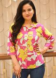 Pink & Yellow Floral Printed Pure Cotton Shirt Top