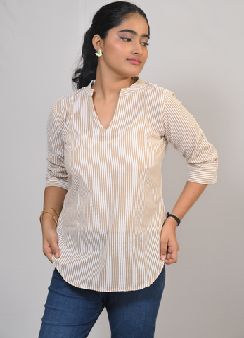 Beige & White Vertical Stripe Cotton Top