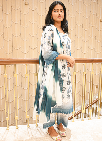 Blue Blossom Pure Cotton Kurta Set with Chiffon Dupatta