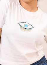 Load image into Gallery viewer, Women’s White Cotton Fitted Crop  T-Shirt with Evil Eye Embroidery Patch