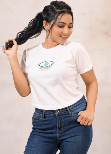 Women’s White Cotton Fitted Crop  T-Shirt with Evil Eye Embroidery Patch