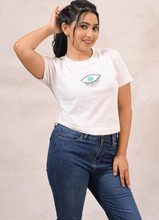 Load image into Gallery viewer, Women’s White Cotton Fitted Crop  T-Shirt with Evil Eye Embroidery Patch