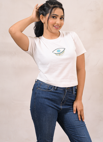 Women’s White Cotton Fitted Crop  T-Shirt with Evil Eye Embroidery Patch
