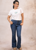 Image of Women’s White Cotton Fitted Crop  T-Shirt with Evil Eye Embroidery Patch