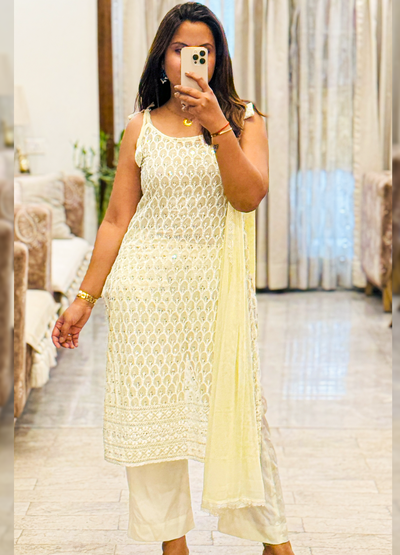 Ivory Embroidered Georgette Kurta Set with Chiffon Dupatta